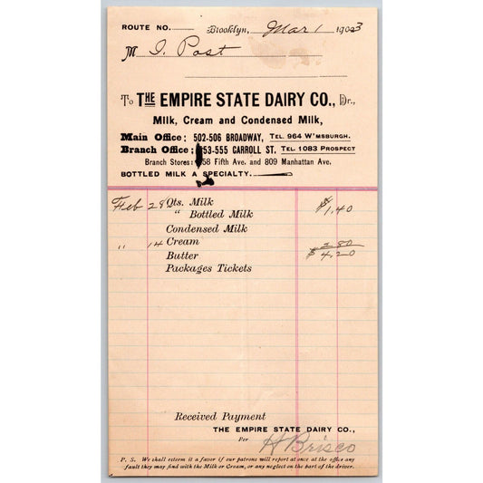 Empire State Dairy Brooklyn, NY March 1 1903 Billhead to: Isaac Post VGC