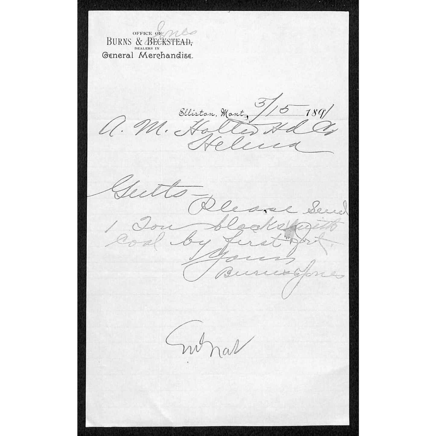 Elliston, MT Burns & Beckstead (Jones) Gen Mdse 1891 Billhead Letterhead VGC