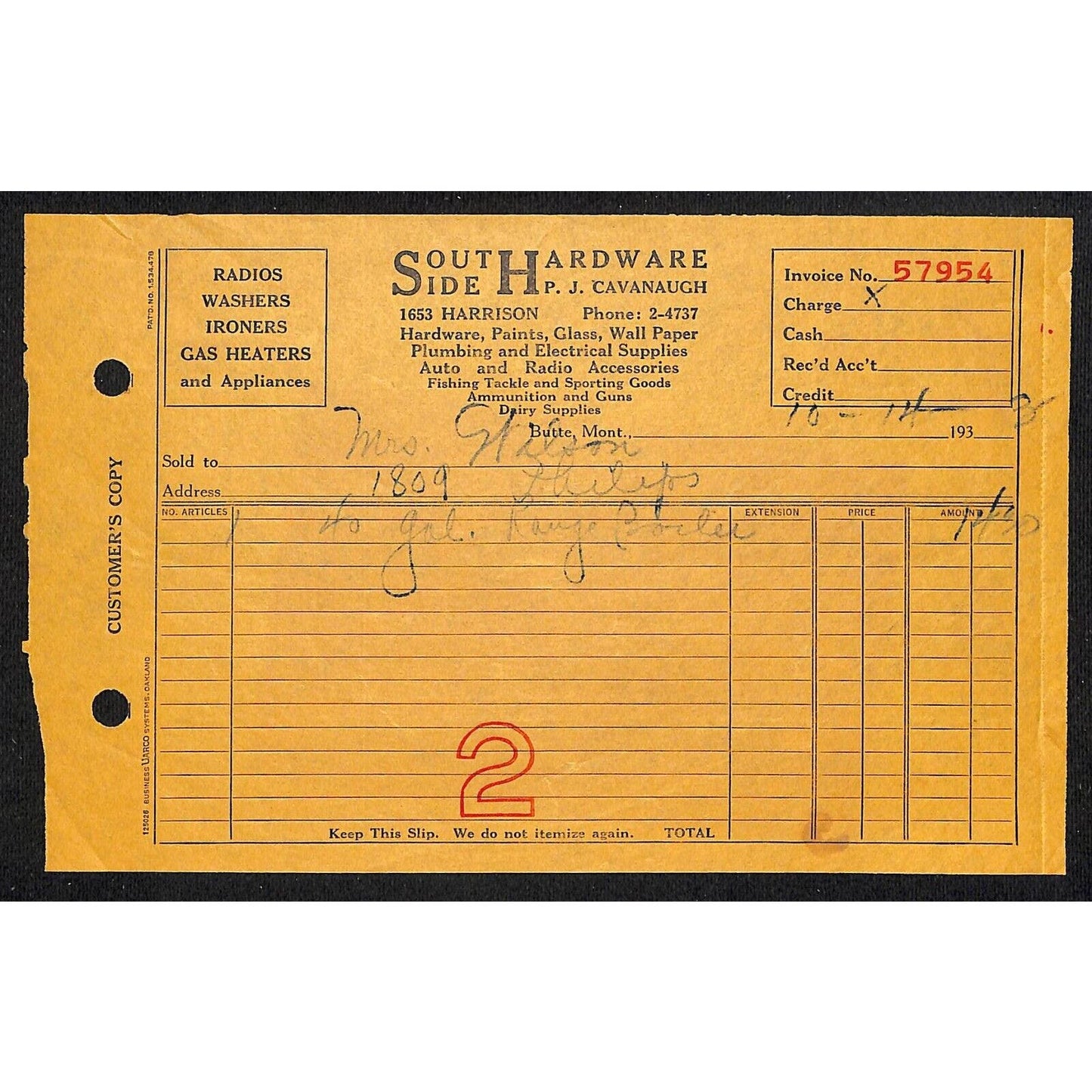 South Side Hardware Butte Montana c1933 Billhead Letterhead Wilson Drug