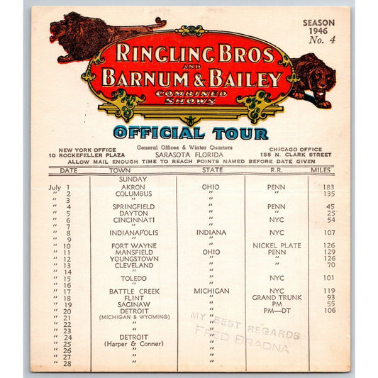 1946 Ringling Bros Barnum Bailey Circus Route Card Akron Columbus Dayton