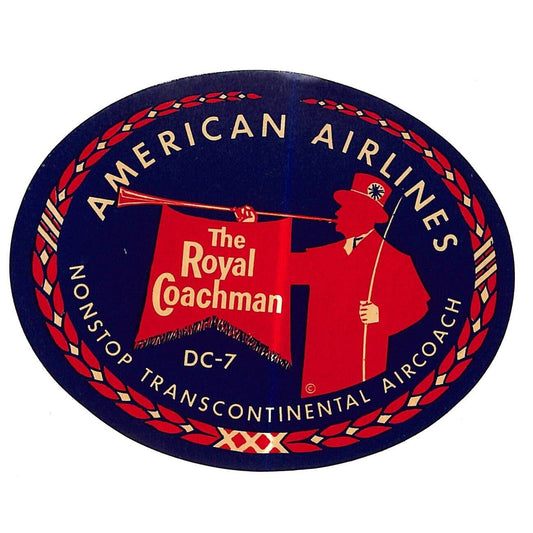 American Airlines "The Royal Coachman" DC-7 Aircoach Lg. Sticker Label c1957 VGC