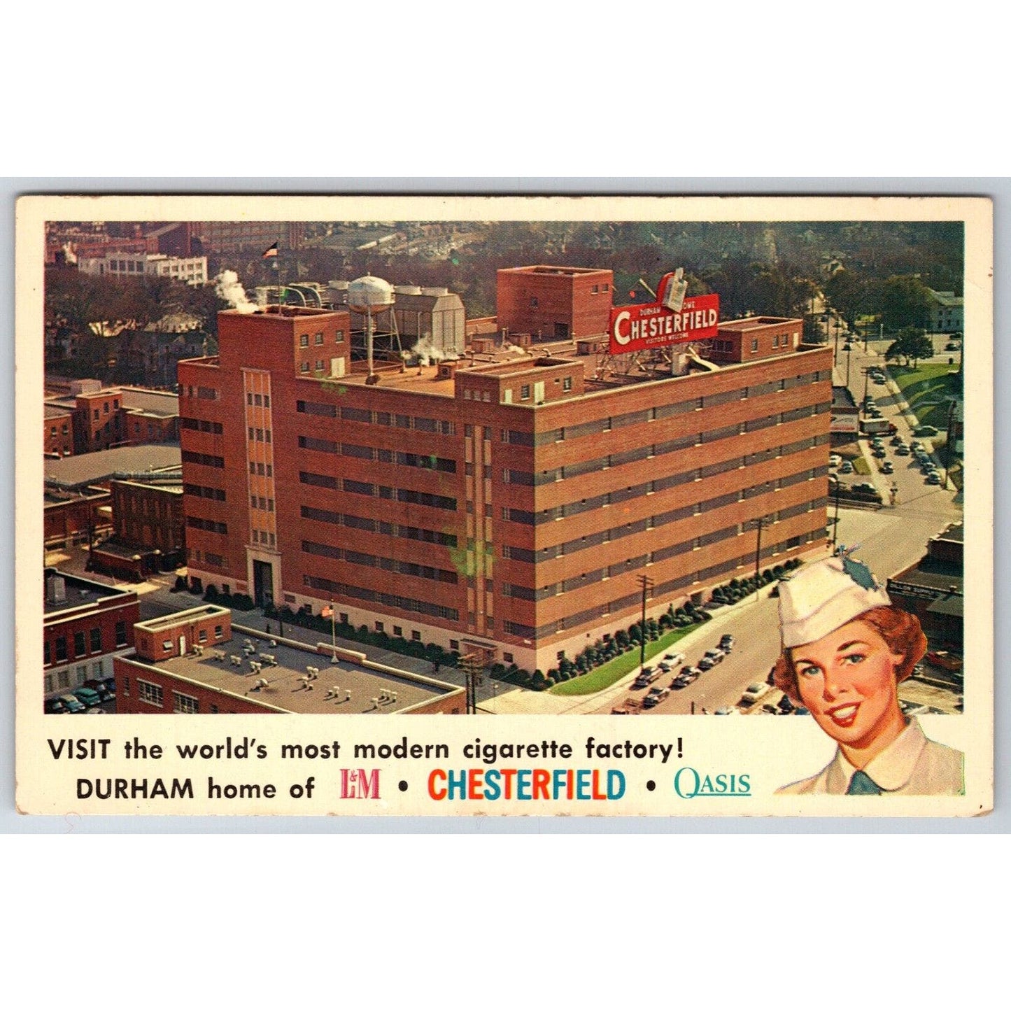 Chesterfield L&M Oasis Cigarette Factory Durham Advertising Postcard c1955-65