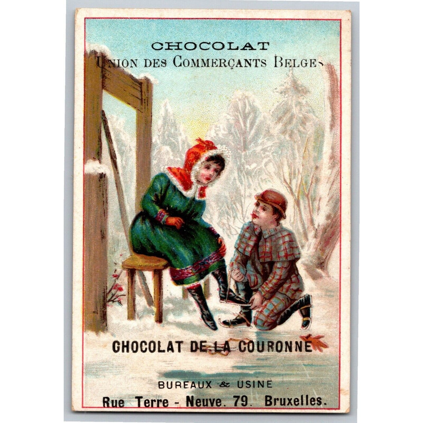 French Victorian Trade Card Chocolat Guerin-Boutron Couple Wearing Ice Skates