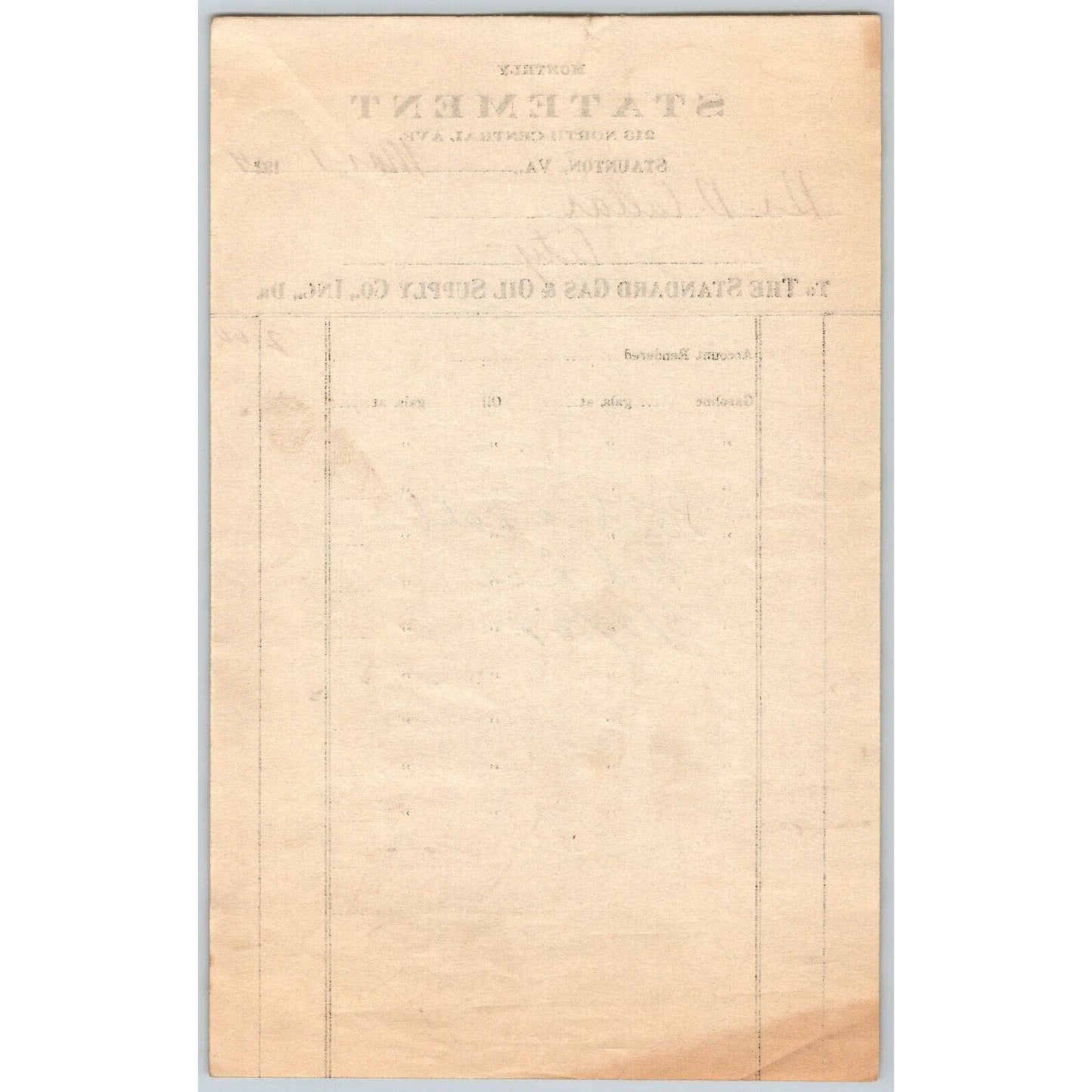 Staunton, VA Standard Gas & Oil Supply Co. 1924 Statement / Billhead