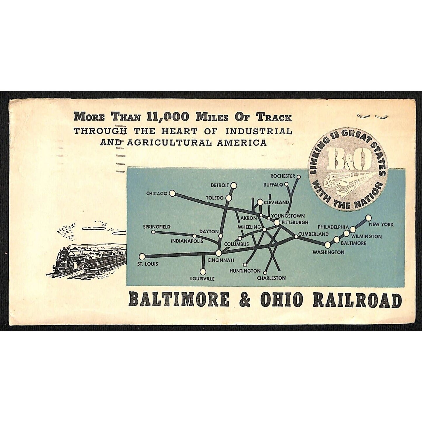 Baltimore & Ohio Railroad Company Mailing Envelope w/ Map c1945 w/1950 PM