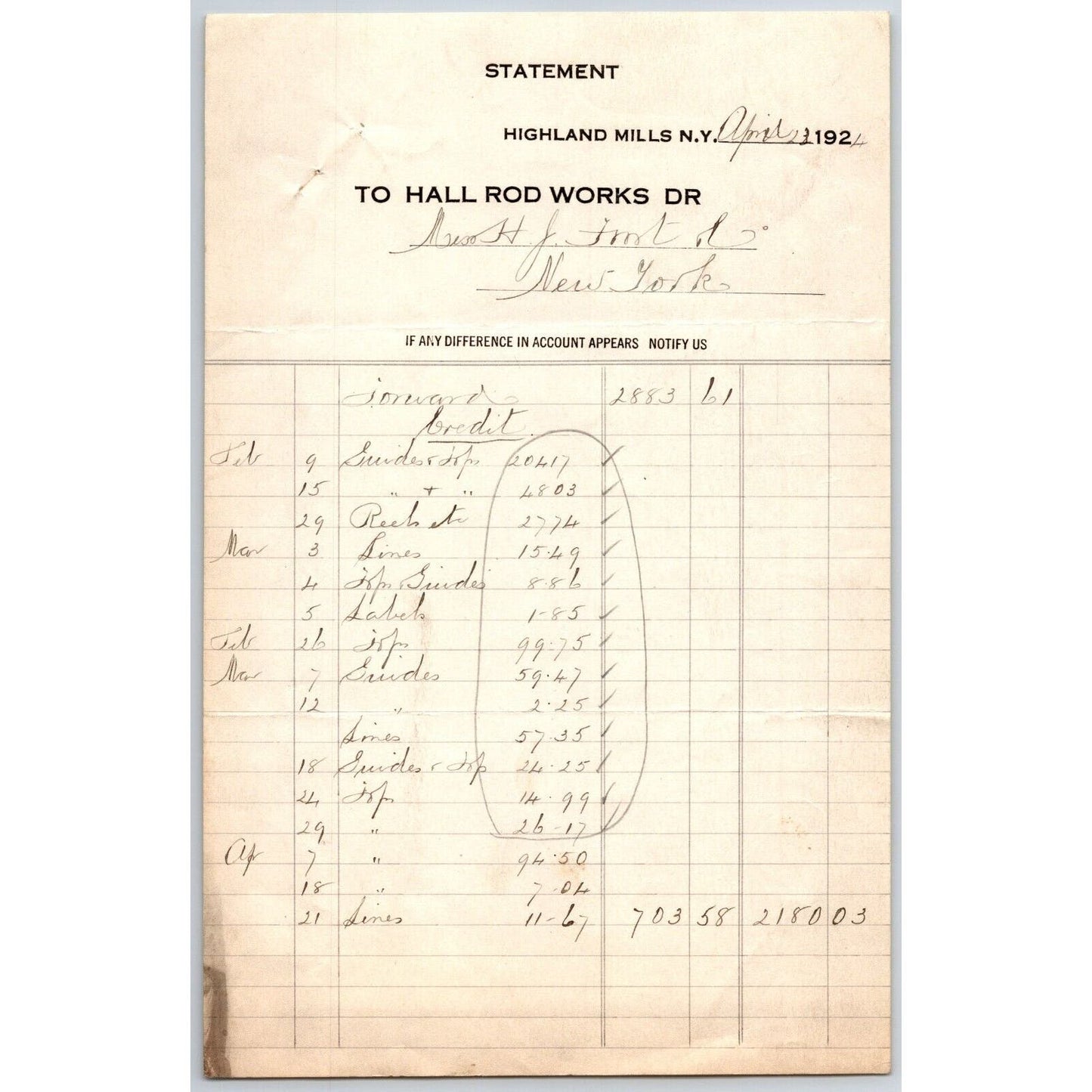 Highland Mills, NY Hall Rod Works Fishing Tackle 1921 Billhead w/ Long Item List