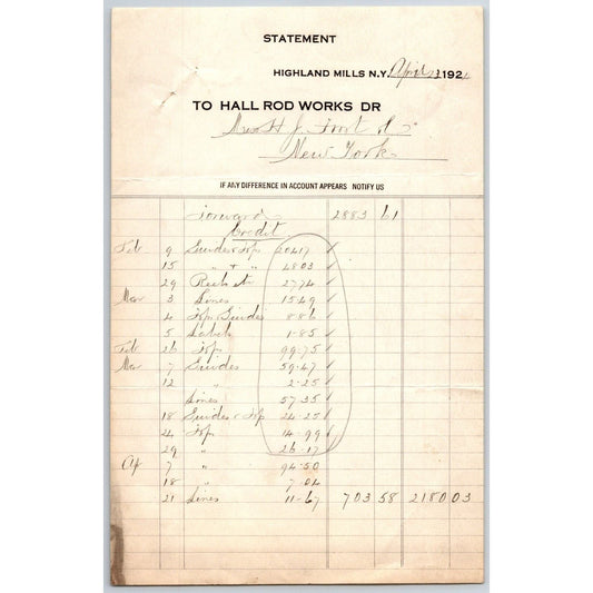 Highland Mills, NY Hall Rod Works Fishing Tackle 1921 Billhead w/ Long Item List