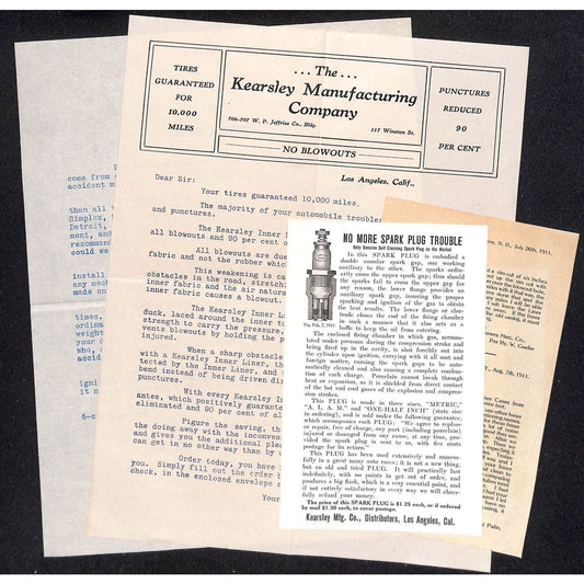 Kearsley Manufacturing Co. Spark Plugs Los Angeles Auto Scarce - 4 Sales Sheets