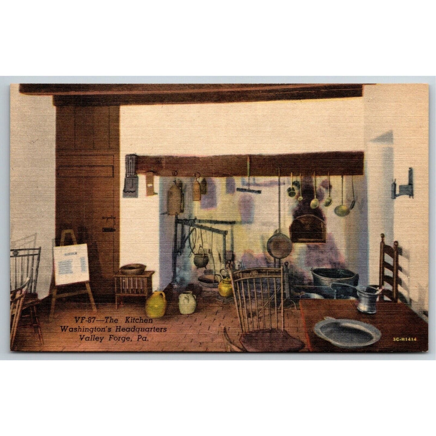 Vintage Linen Postcard Washington's HQ Kitchen Valley Forge, PA UNP VGC
