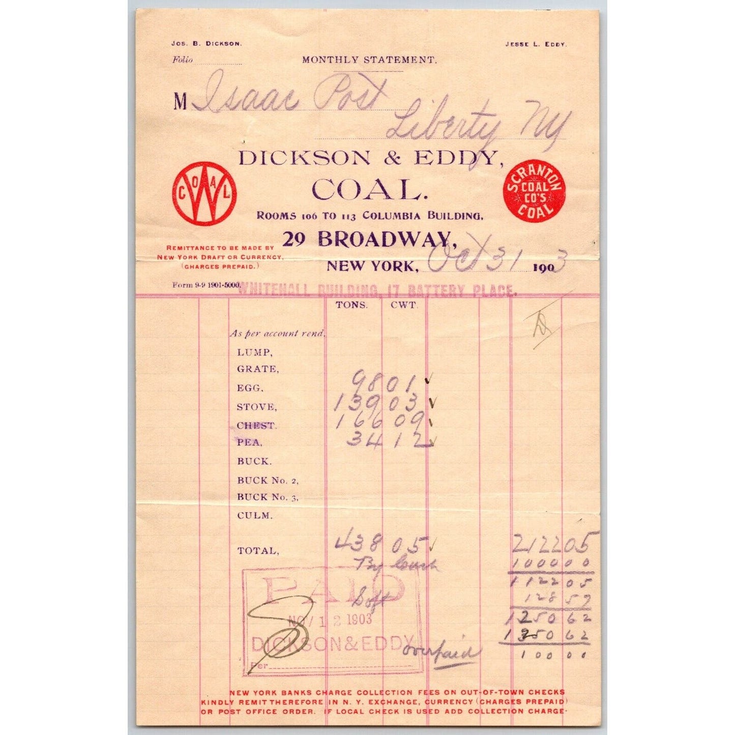 Dickson & Eddy Coal 17 Battery Place, NYC to: Isaac Post Oct. 31 1903 Billhead