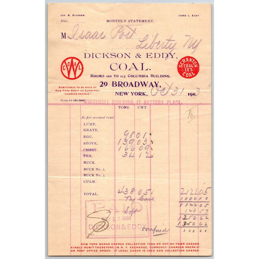 Dickson & Eddy Coal 17 Battery Place, NYC to: Isaac Post Oct. 31 1903 Billhead