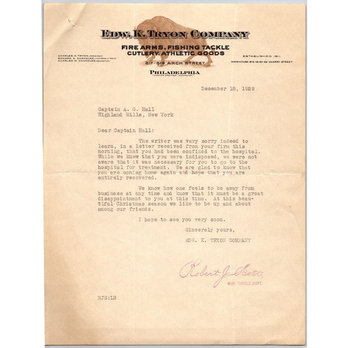 Edw. K. Tryon Company Philadelphia Fire Arms Fishing Tackle - 1929 Letterhead