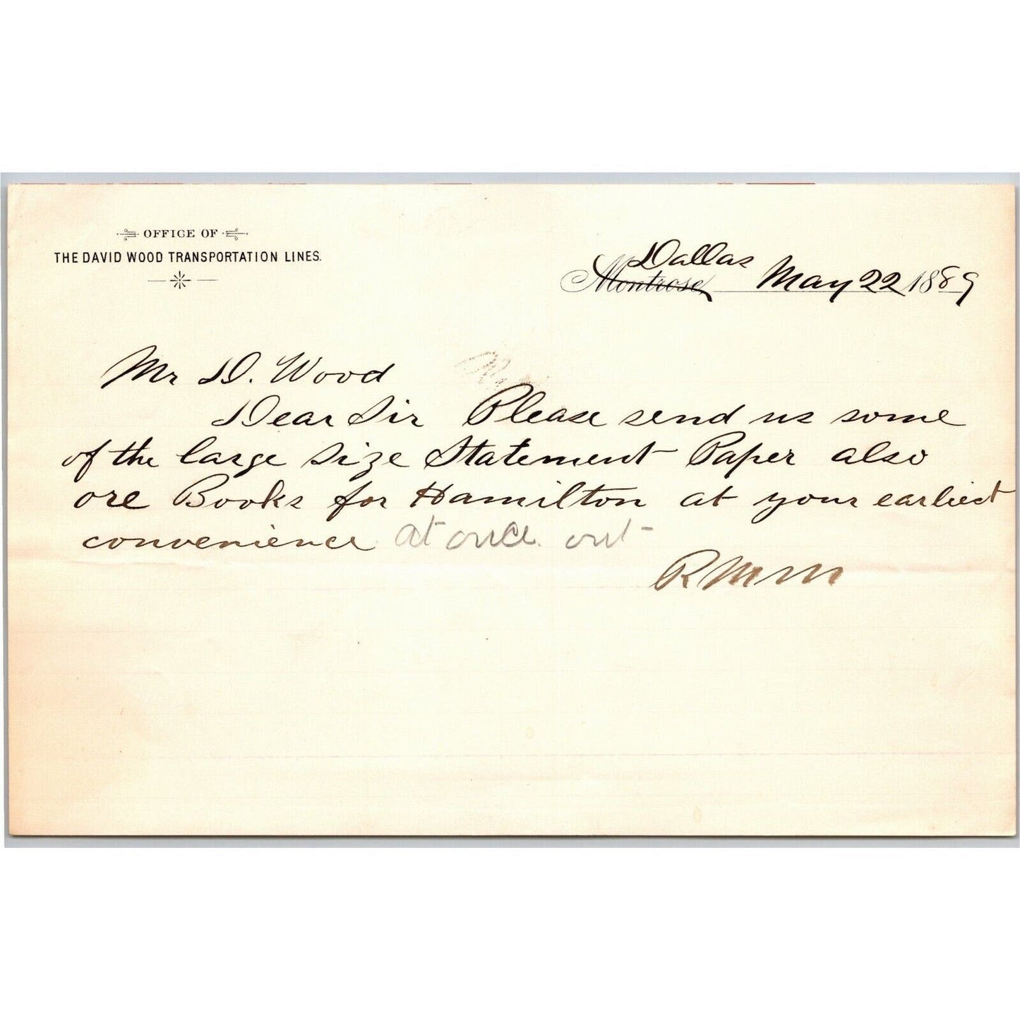 1889 Montrose, CO "David Wood Transportation Lines" Letterhead re: Send Paper