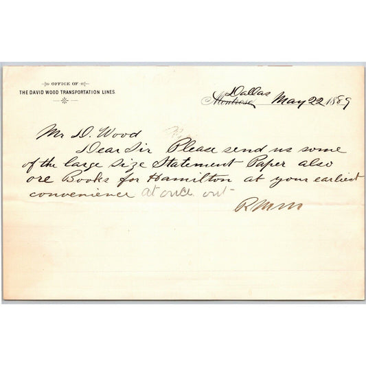 1889 Montrose, CO "David Wood Transportation Lines" Letterhead re: Send Paper