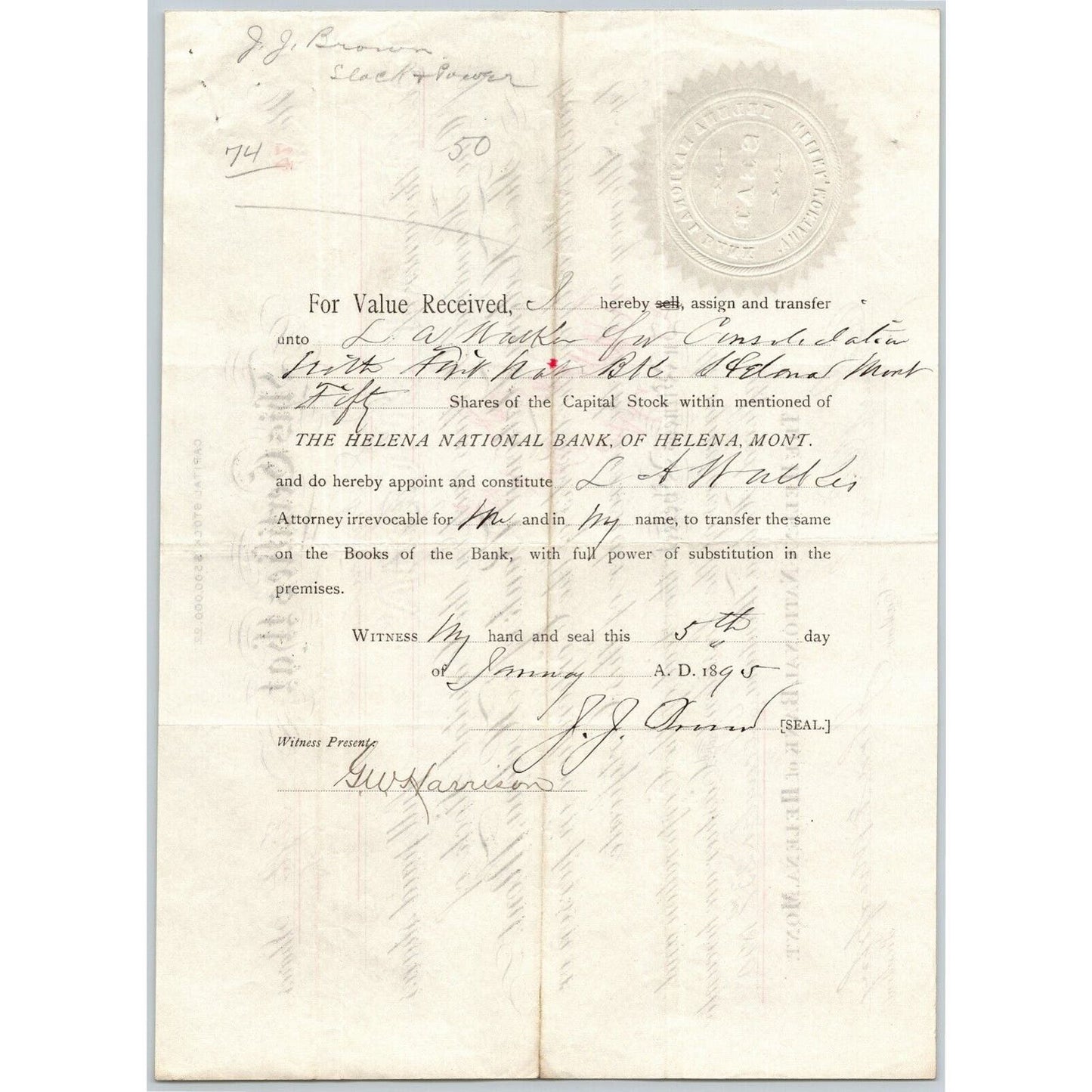 Helena National Bank, Montana 1890 Stock Certificate Cert# 74 for 50 Shares