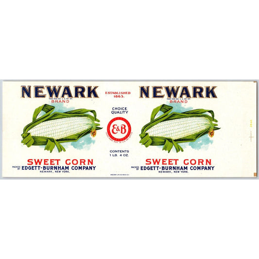 Newark Sweet Corn Paper Can Label Edgett-Burnham New York c1920's-30's Emb. VGC