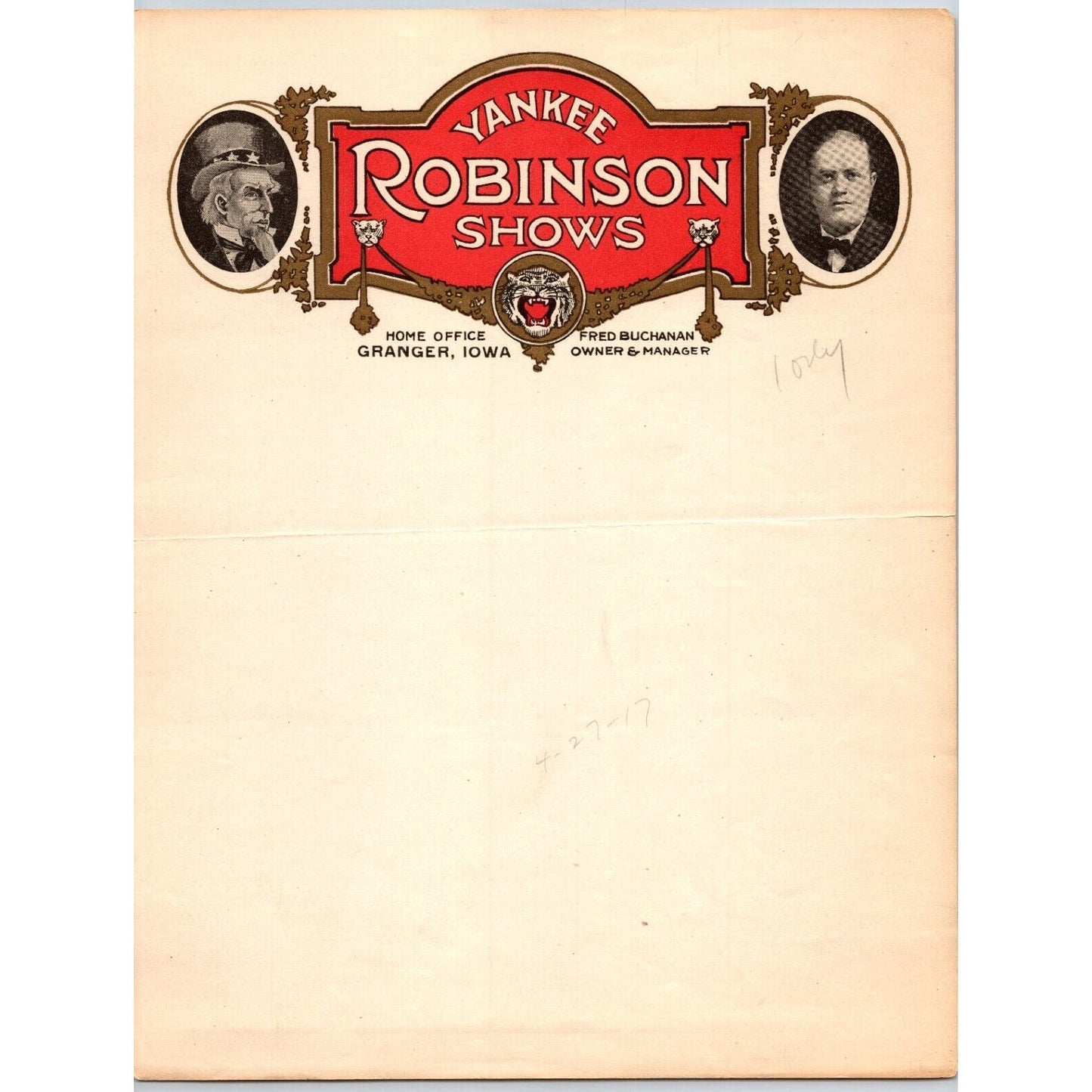 Yankee Robbins Shows Circus Letterhead c1917 w/ Uncle Sam Very Scarce