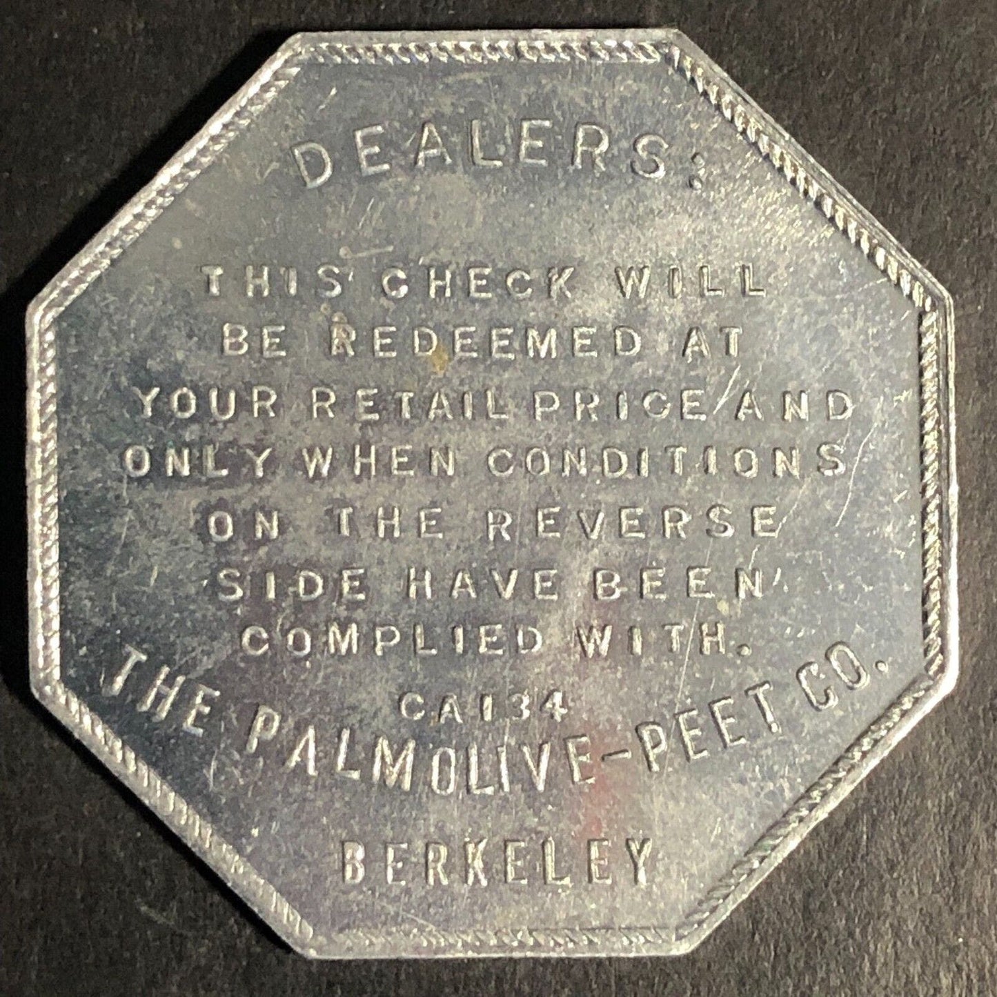 Palmolive Peet Crystal White Soap Trade Token 32mm "CA134" c1926-30's