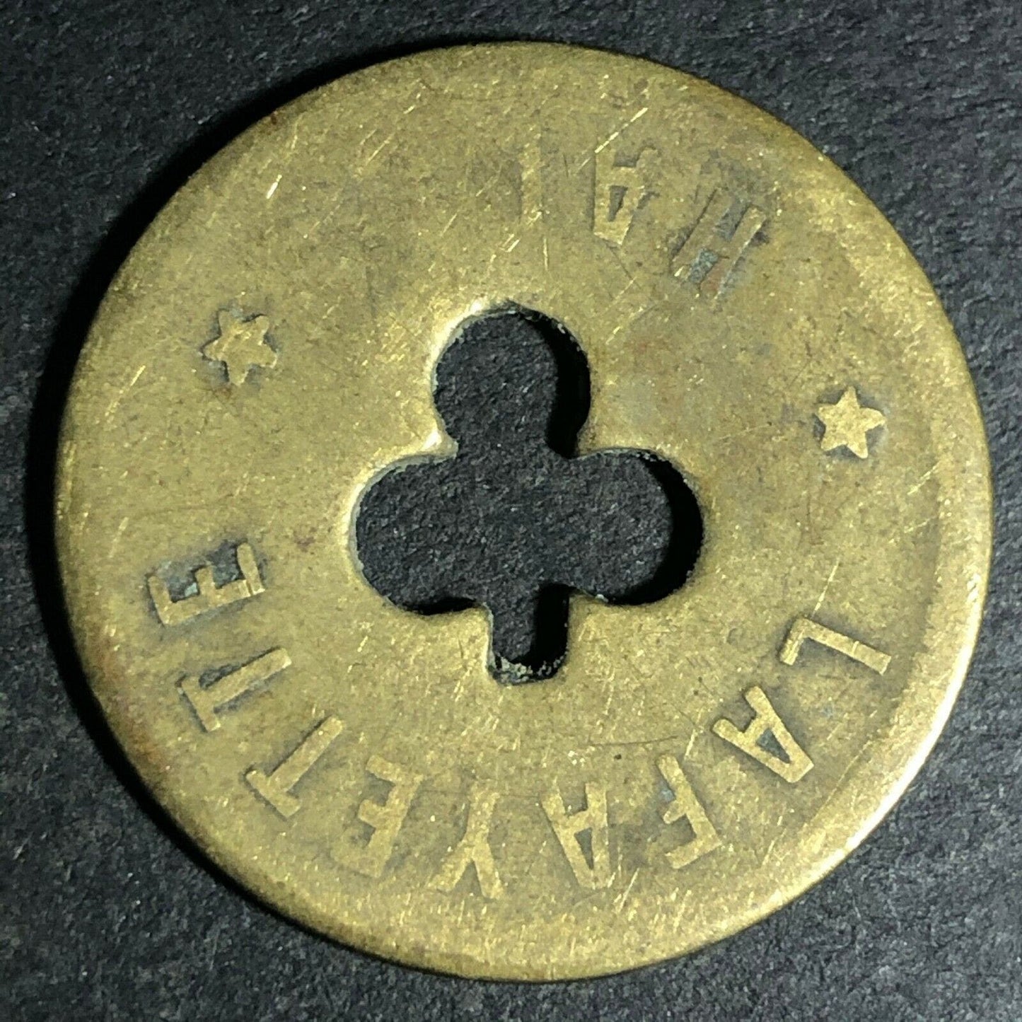 24.5mm Brass Lafayette Hall (Saloon Sacramento, CA) Token Clover Shamrock (#37)