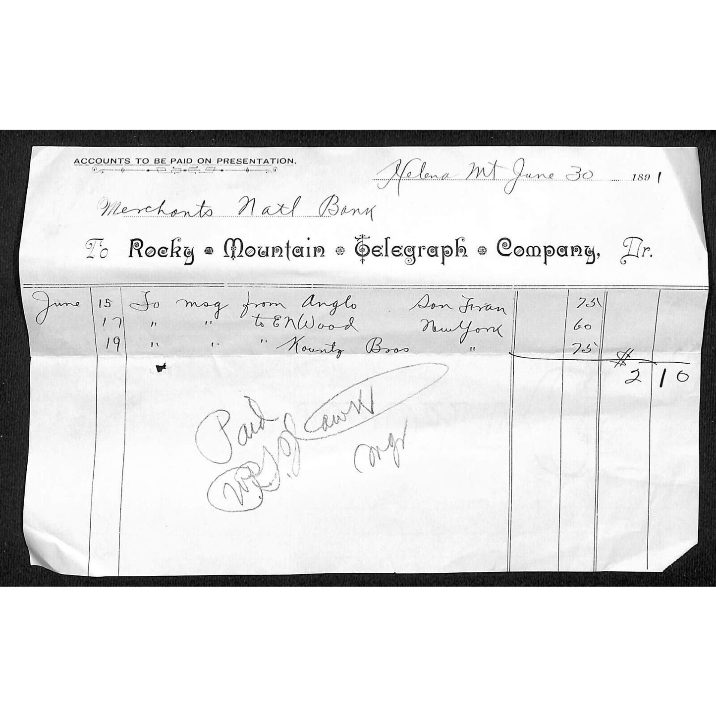 Helena, MT Rocky Mountain Telegraph Co. 1891 Billhead / Statement Scarce