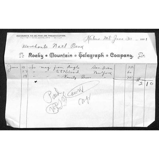 Helena, MT Rocky Mountain Telegraph Co. 1891 Billhead / Statement Scarce