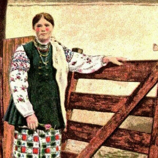 c1911 Vintage Russian Village Art Postcard "Woman Stands Next to Wood Fence"