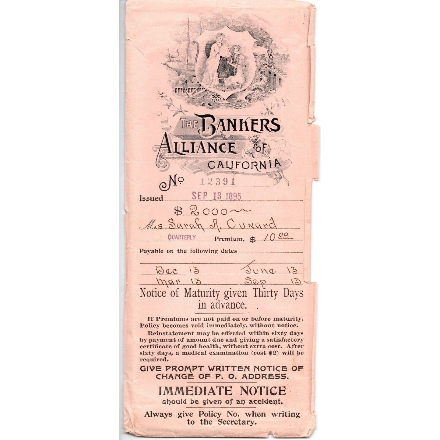 1895 Ex Civil War Soldier Document - "Bankers Alliance of CA" Policy Sleeve Only