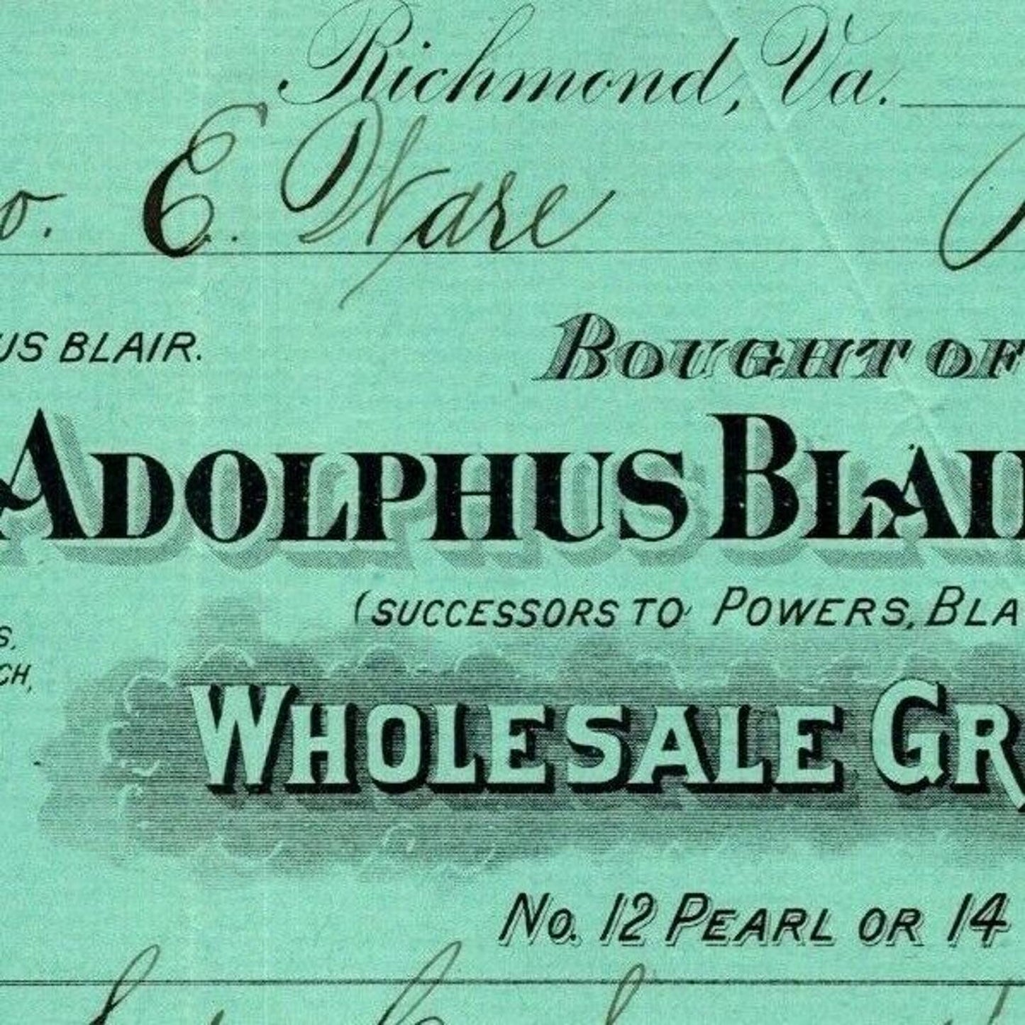 Adolphus Blair & Sons Grocers Richmond, VA Letterhead o Geo. E. Wear 1895