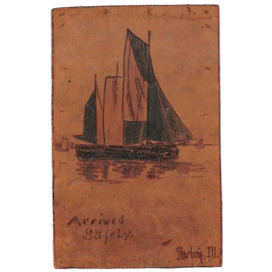 Funny Leather Postcard "Arrived Safely" Sailing Ship