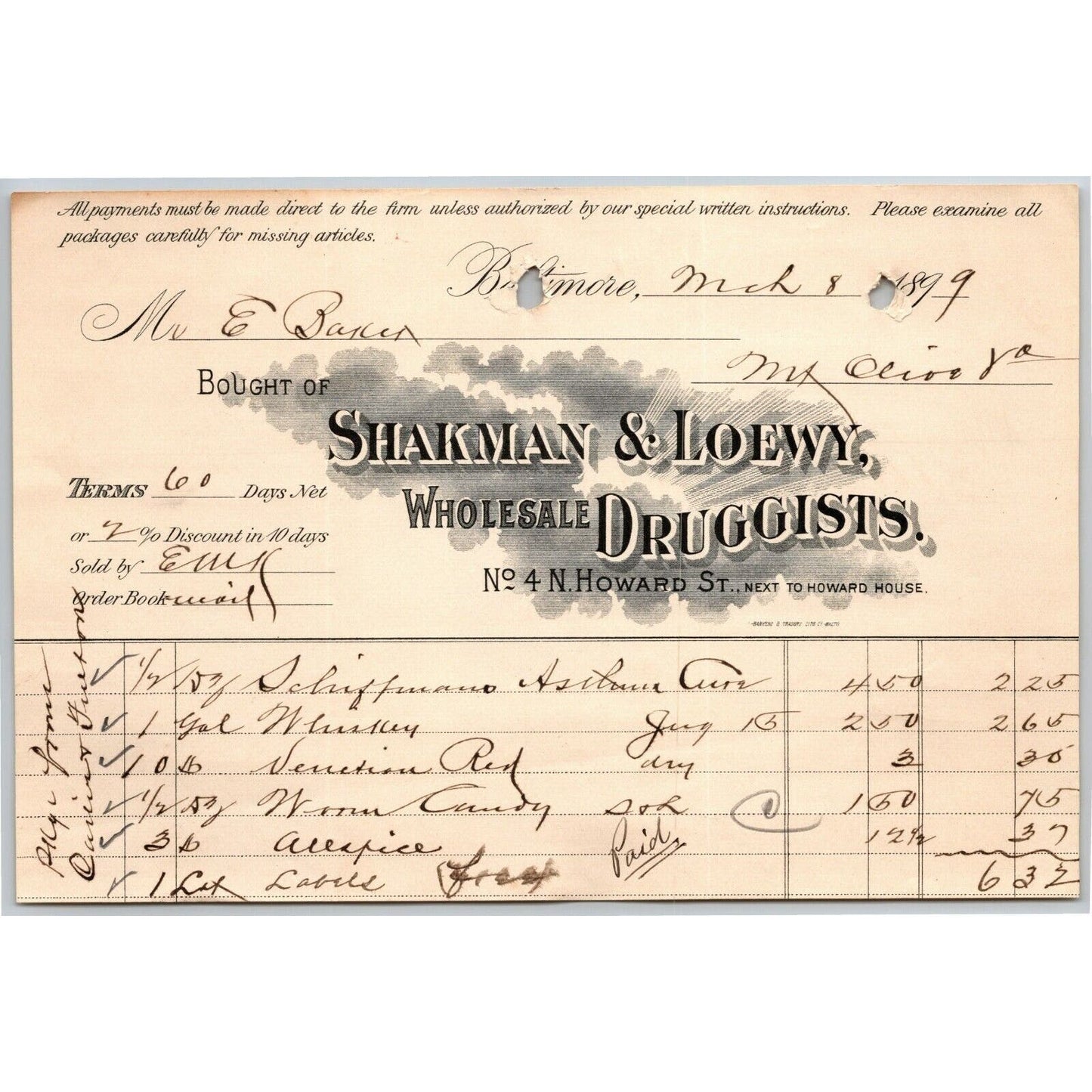 1899 Letterhead Billhead Shakman & Loewy Druggists Baltimore - Ephraim Baker*