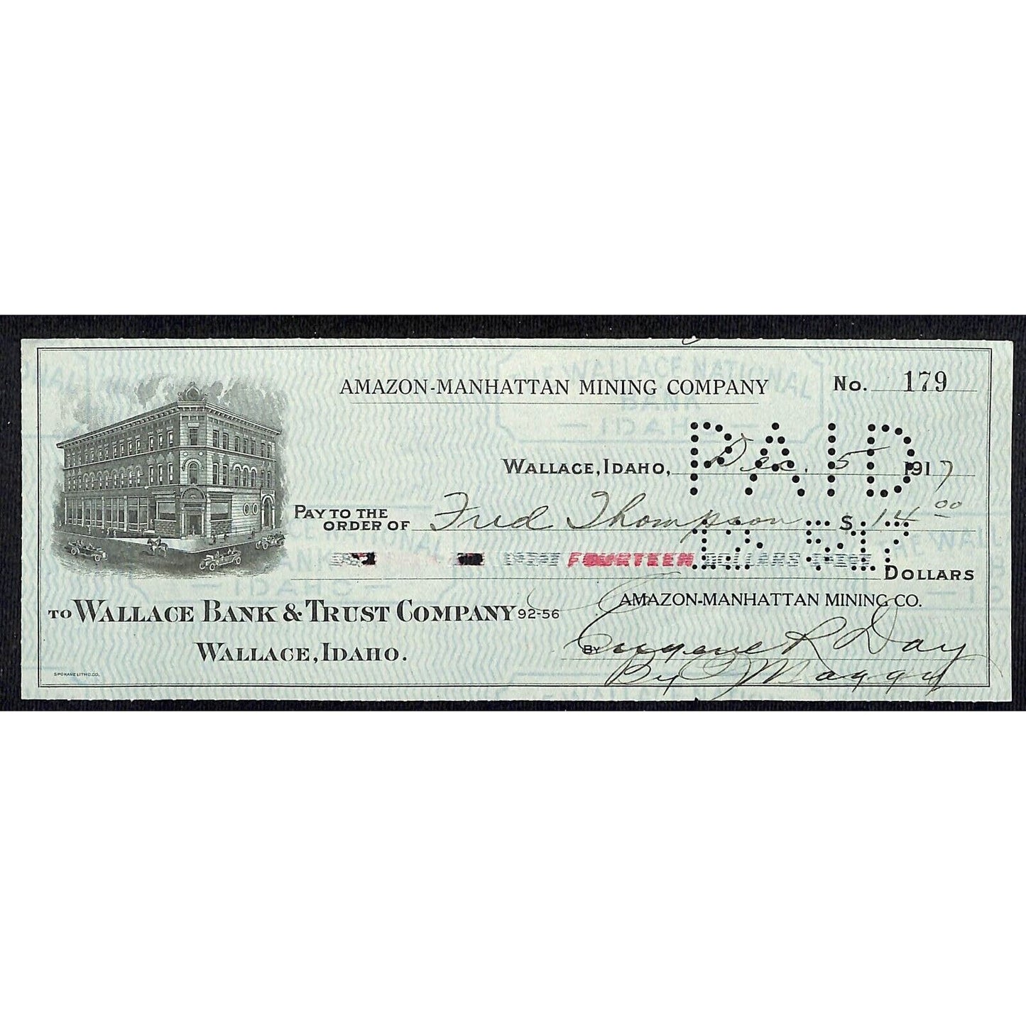 1917 Wallace, Idaho Amazon-Manhattan Mining Co. $14 Bank Check w/ Vignette