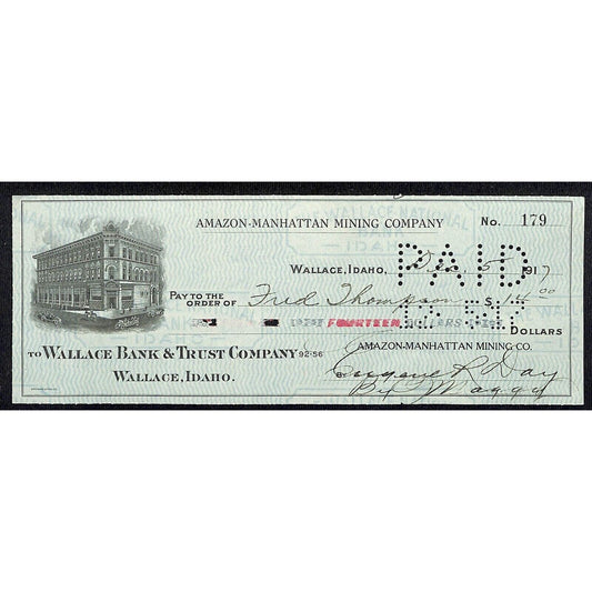 1917 Wallace, Idaho Amazon-Manhattan Mining Co. $14 Bank Check w/ Vignette
