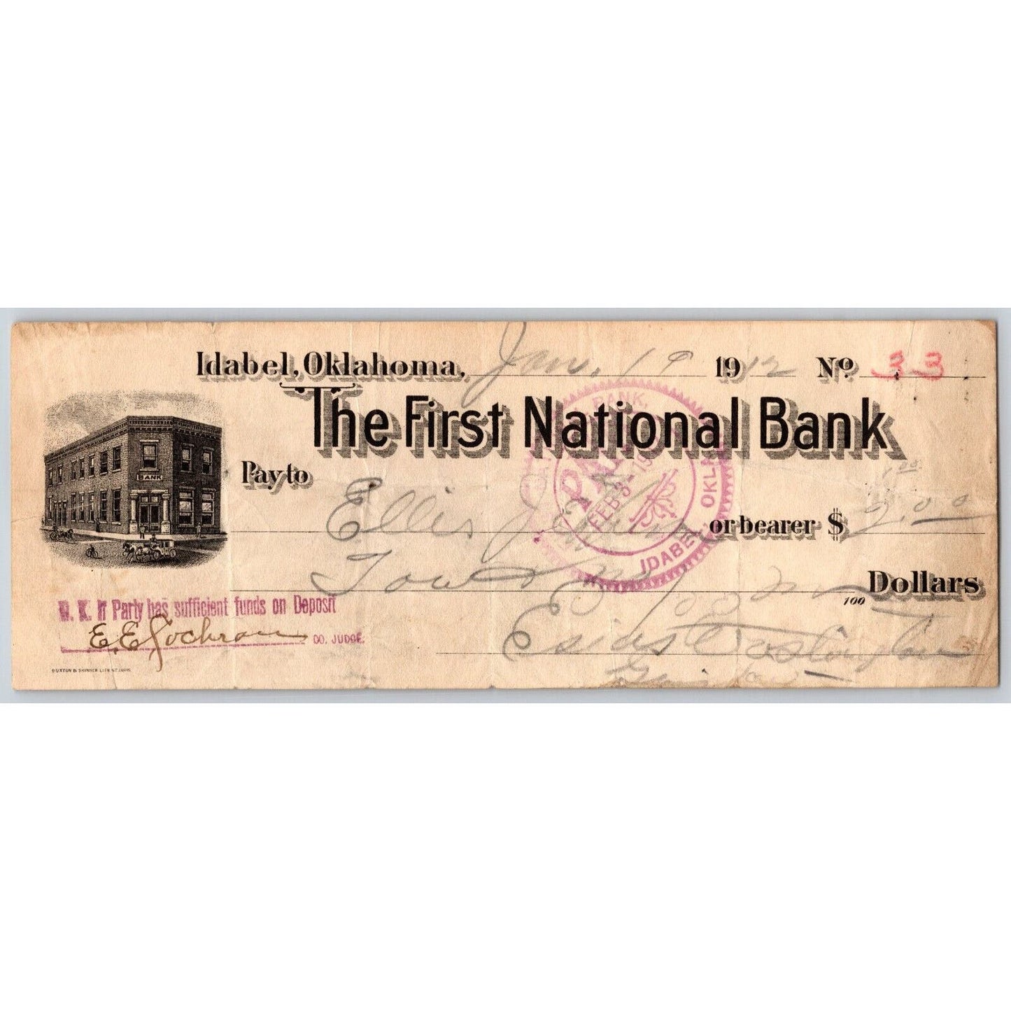 Idabel, Oklahoma FNB 1912 Check #33 for $2 w/ Building Vignette - Scarce