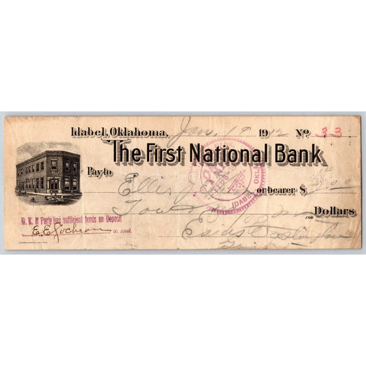 Idabel, Oklahoma FNB 1912 Check #33 for $2 w/ Building Vignette - Scarce
