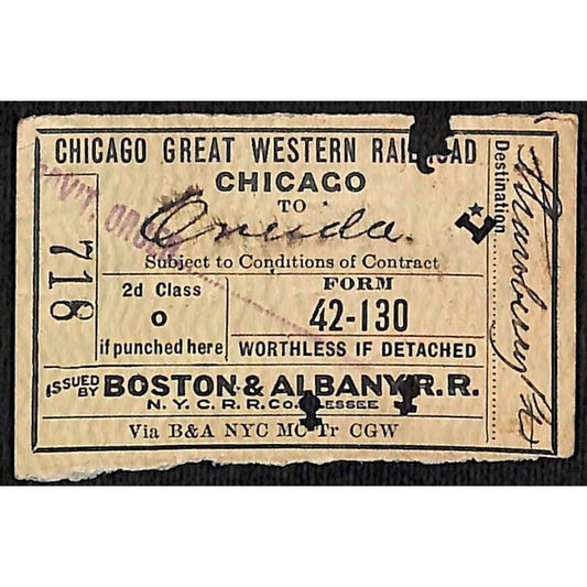 1918 Chicago Great Western Railroad Ticket Boston & Albany Chicago to Oneida, NY