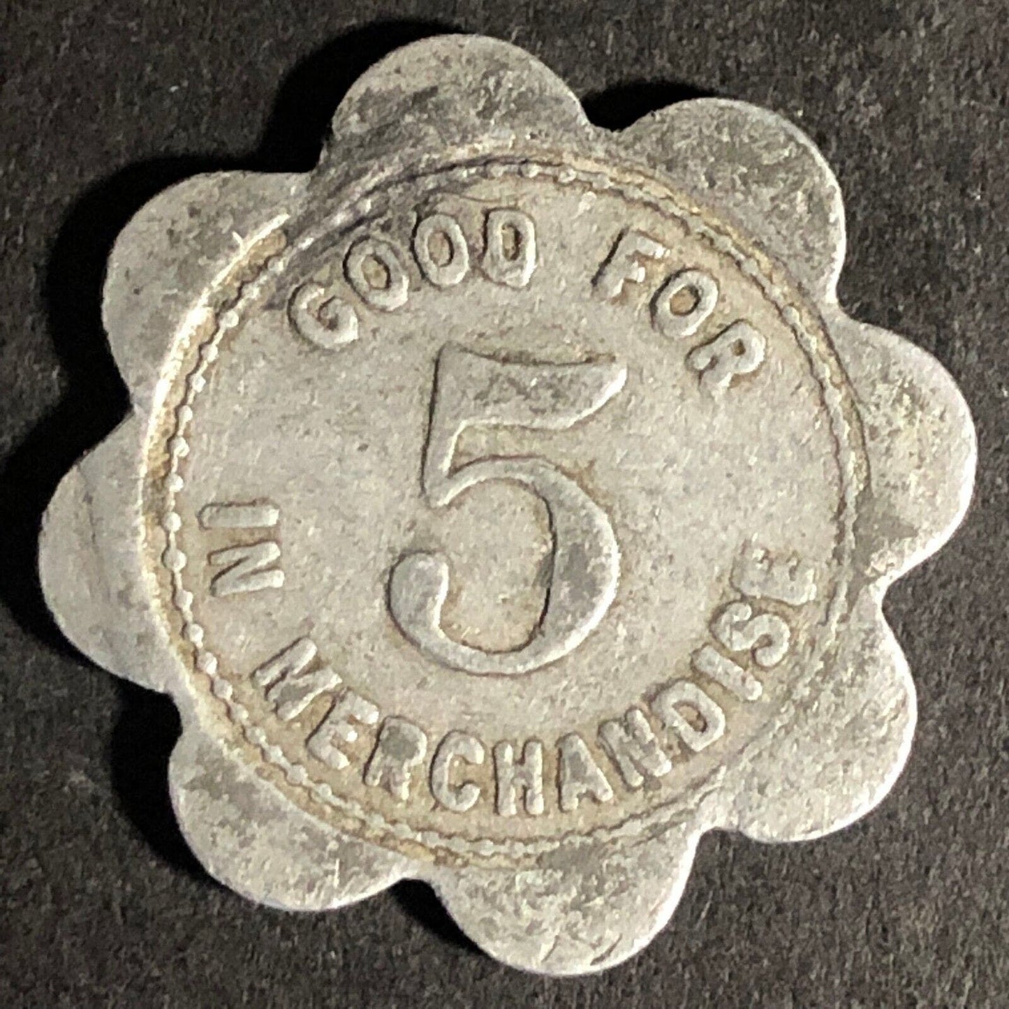 Max Bruckner Gen Mdse Platte Center, NEB G/F 5 Alum Scalloped Token 23mm Scarce