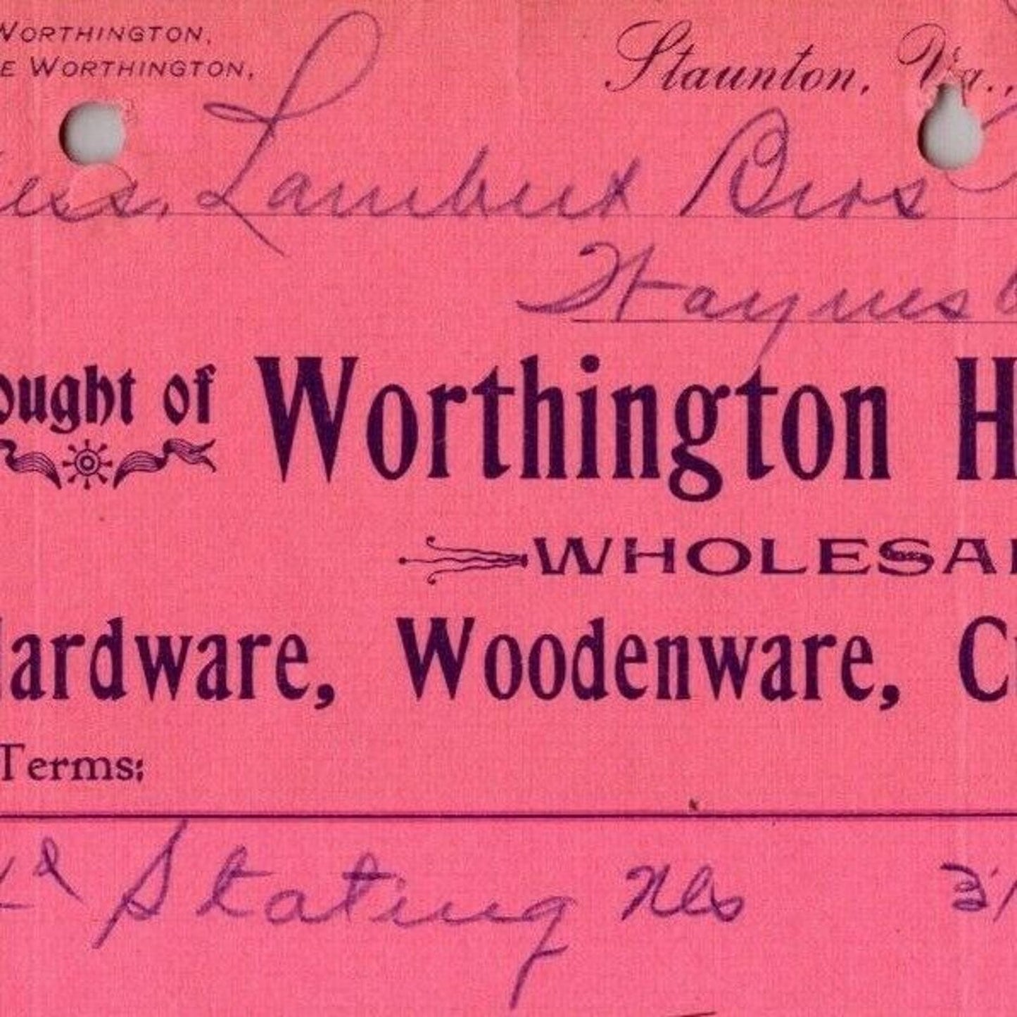 1899 Scarce Worthington Hardware Co. Cutlery Guns Woodenware Staunton, VA