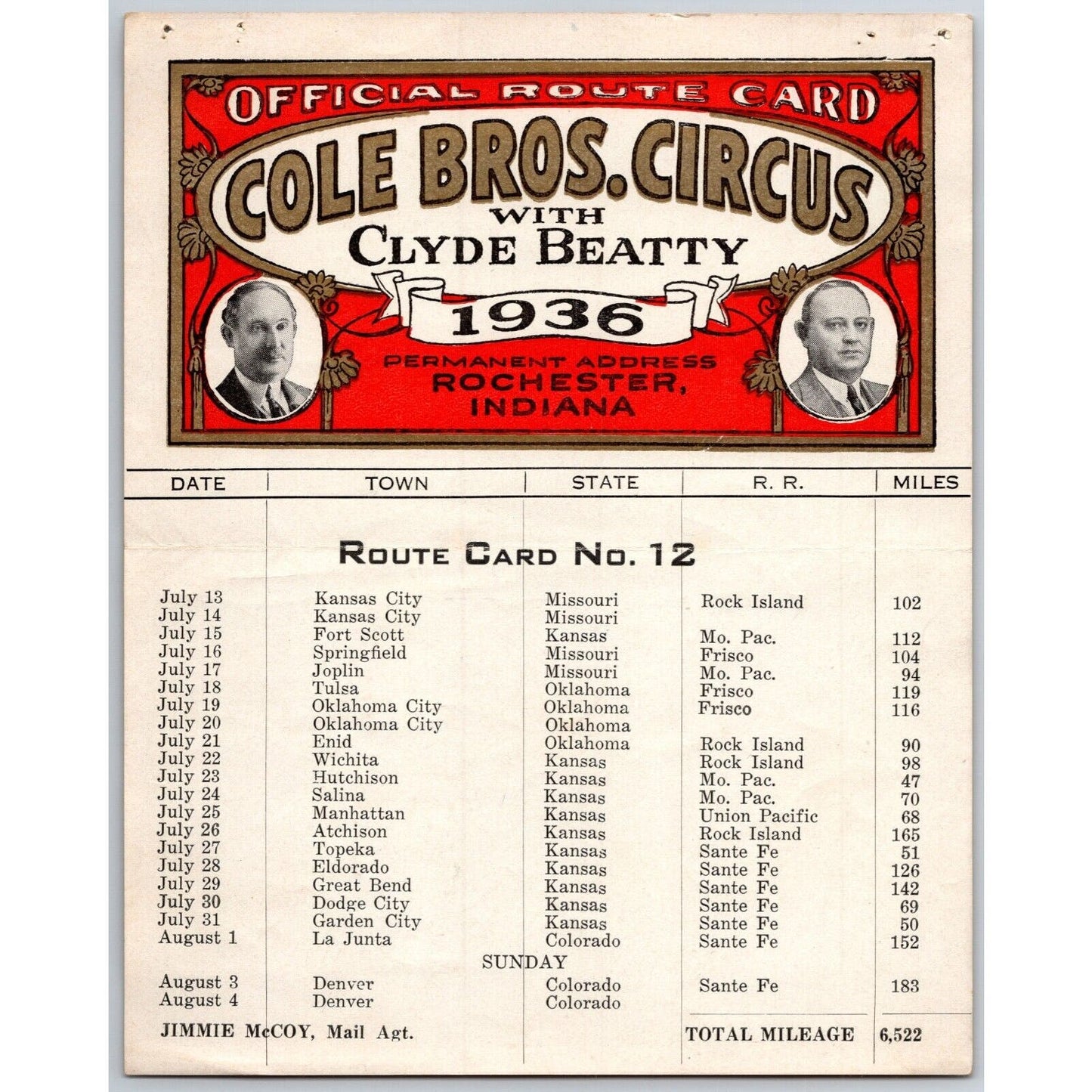 1936 Cole Bros with Clyde Beatty Circus Route Card MO KS OK CO