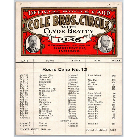 1936 Cole Bros with Clyde Beatty Circus Route Card MO KS OK CO
