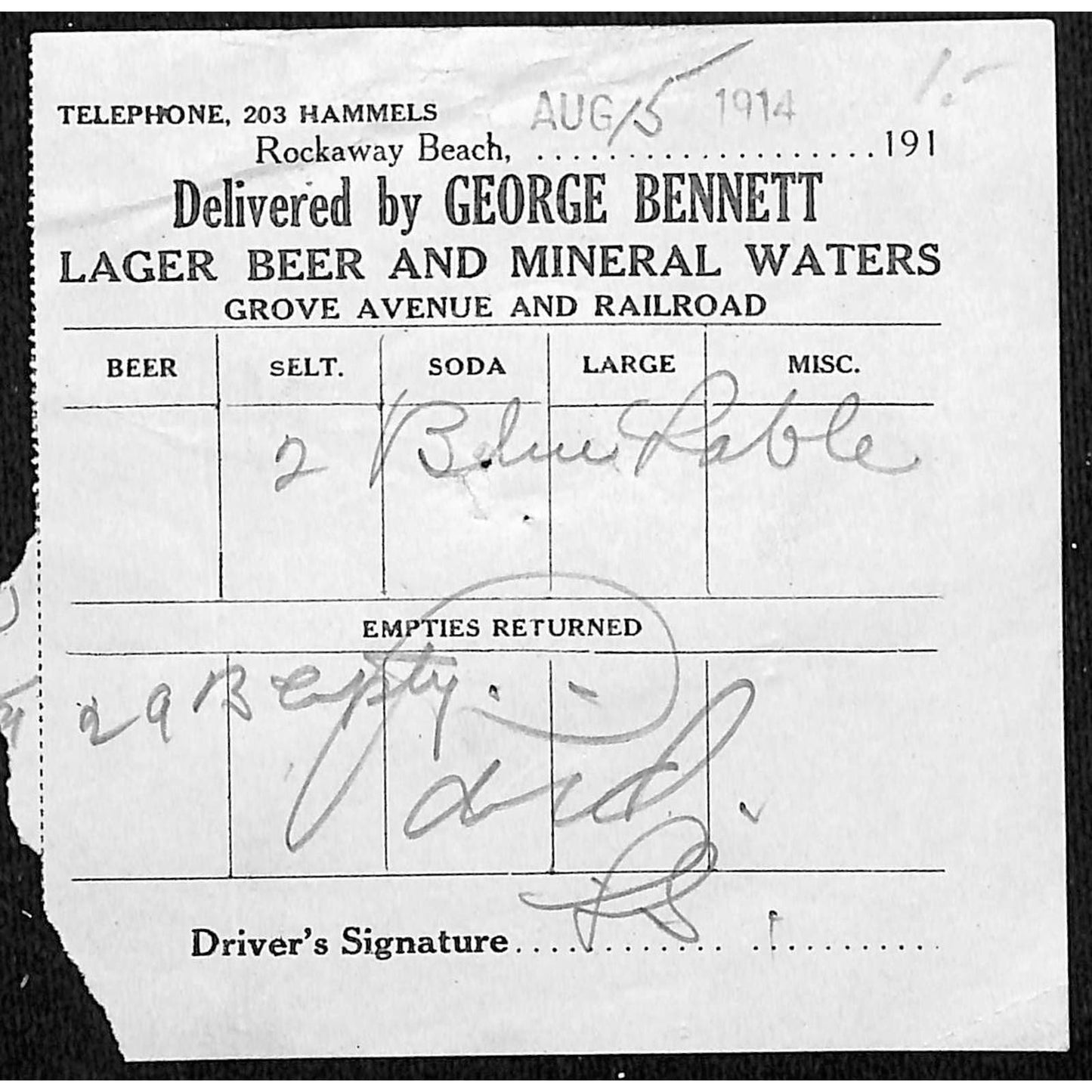 Rockaway Beach George Bennett Lager Beer Blue Label Billhead 1914