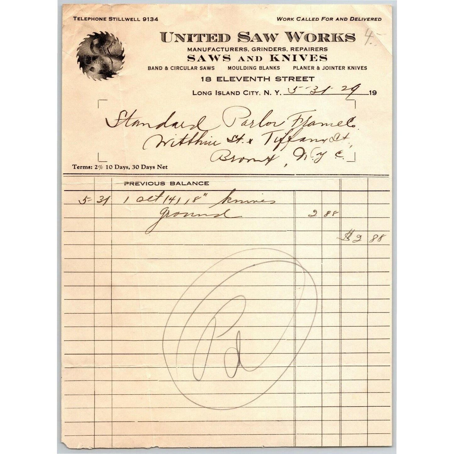 Long Island City NY Letterhead Billhead 1929 United Saw Works Knives Band