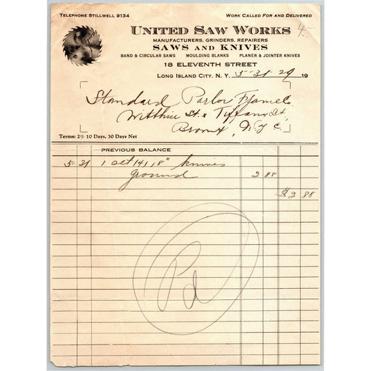 Long Island City NY Letterhead Billhead 1929 United Saw Works Knives Band