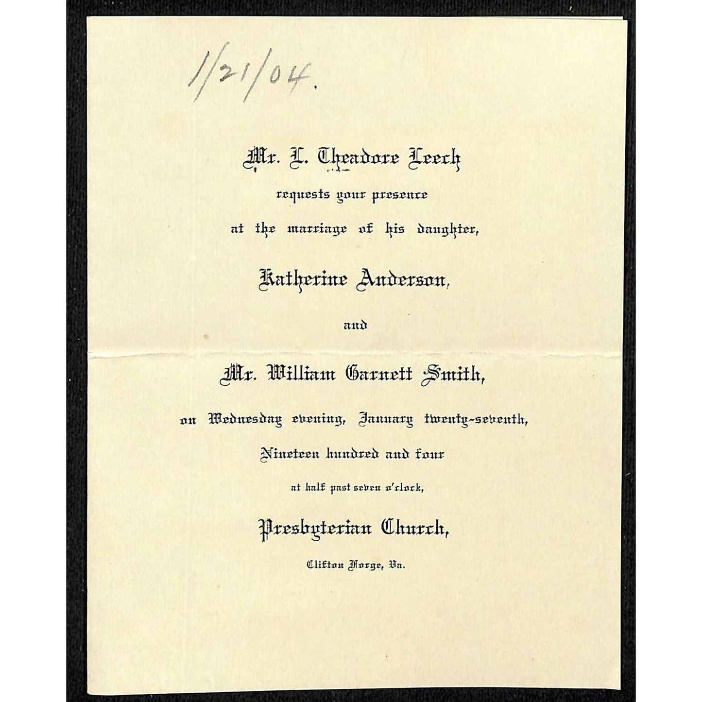 1904 Wedding Invite Katherine Anderson & William Garnett Smith Clifton Forge, VA