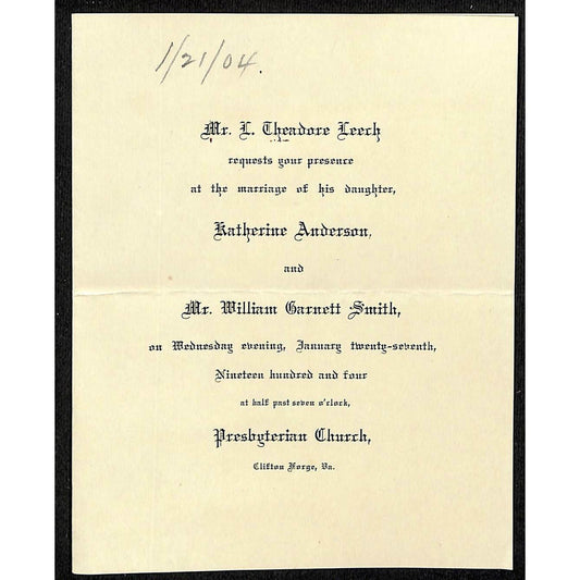 1904 Wedding Invite Katherine Anderson & William Garnett Smith Clifton Forge, VA