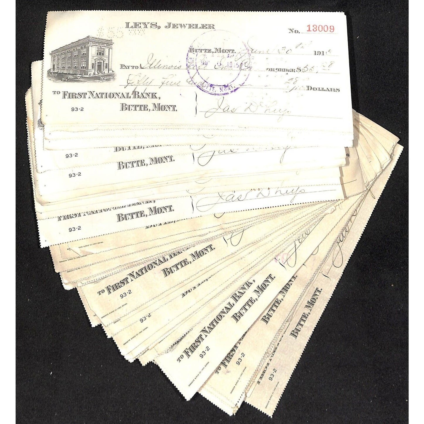 Group of 60+ Mostly 1913 FNB / Leys Jeweler Butte, MT Bank Checks