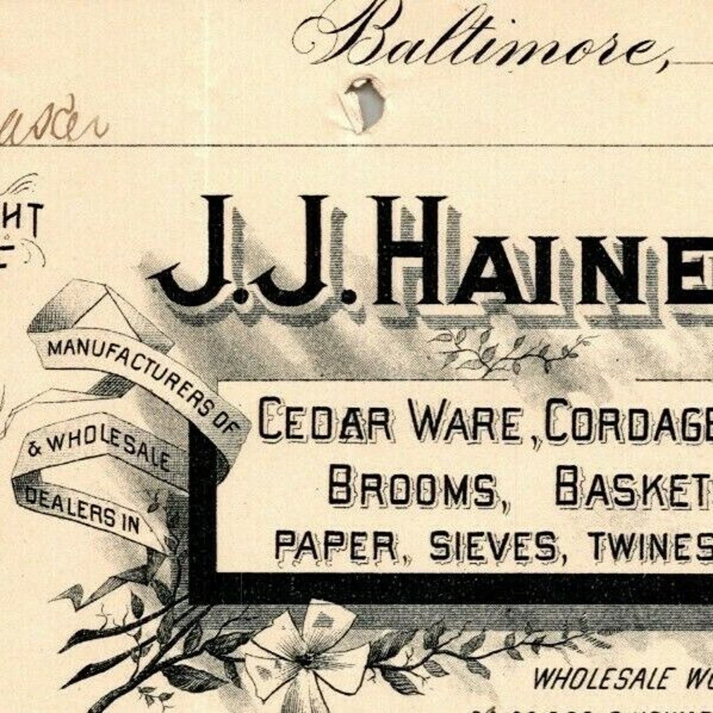 1896 Letterhead Billhead J.J. Haines Twines Flasks Baltimore Ephraim Baker*