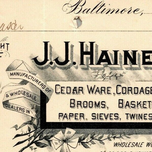 1896 Letterhead Billhead J.J. Haines Twines Flasks Baltimore Ephraim Baker*