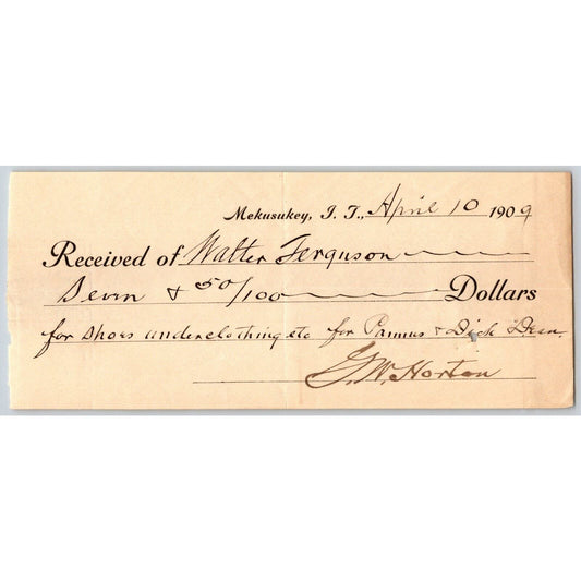 Mekusukey, OK 1909 Indian Territory* Receipt "Shoes Underclothing etc." Check