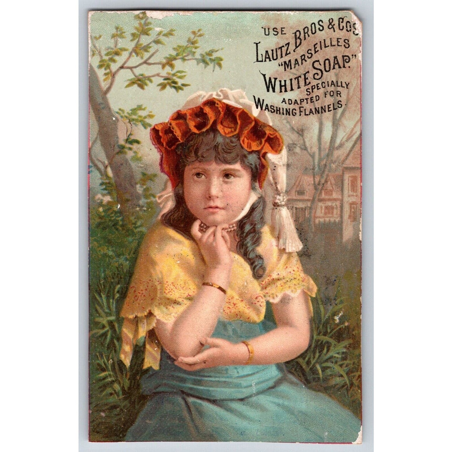 Lautz Bros. & Co. White Soap Victorian Trade Card Girl in Sits / Thinks Outdoors