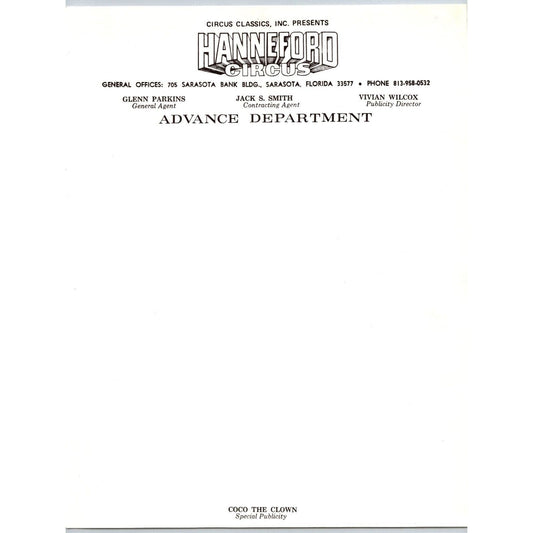 Hanneford Circus Letterhead Sarasota Coco the Clown c1972-79 Scarce